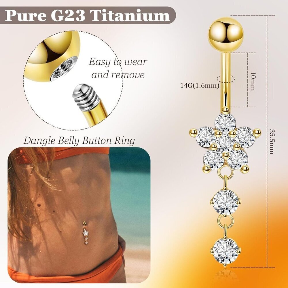 Titanium Dangle Belly Button Ring Flower CZ Women's Navel Piercing Jewelry - Picture 3 of 6